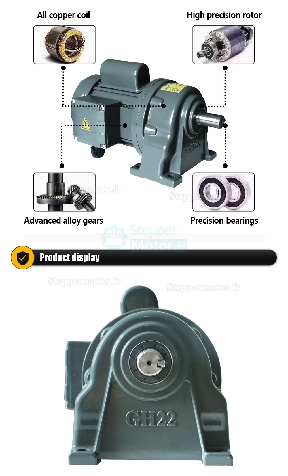 Moteur &agrave; engrenages monophas&eacute; 220 V 400 W GH-22-400W avec r&eacute;ducteur &agrave; denture droite (rapport 5:1 / 30:1 / 100:1)